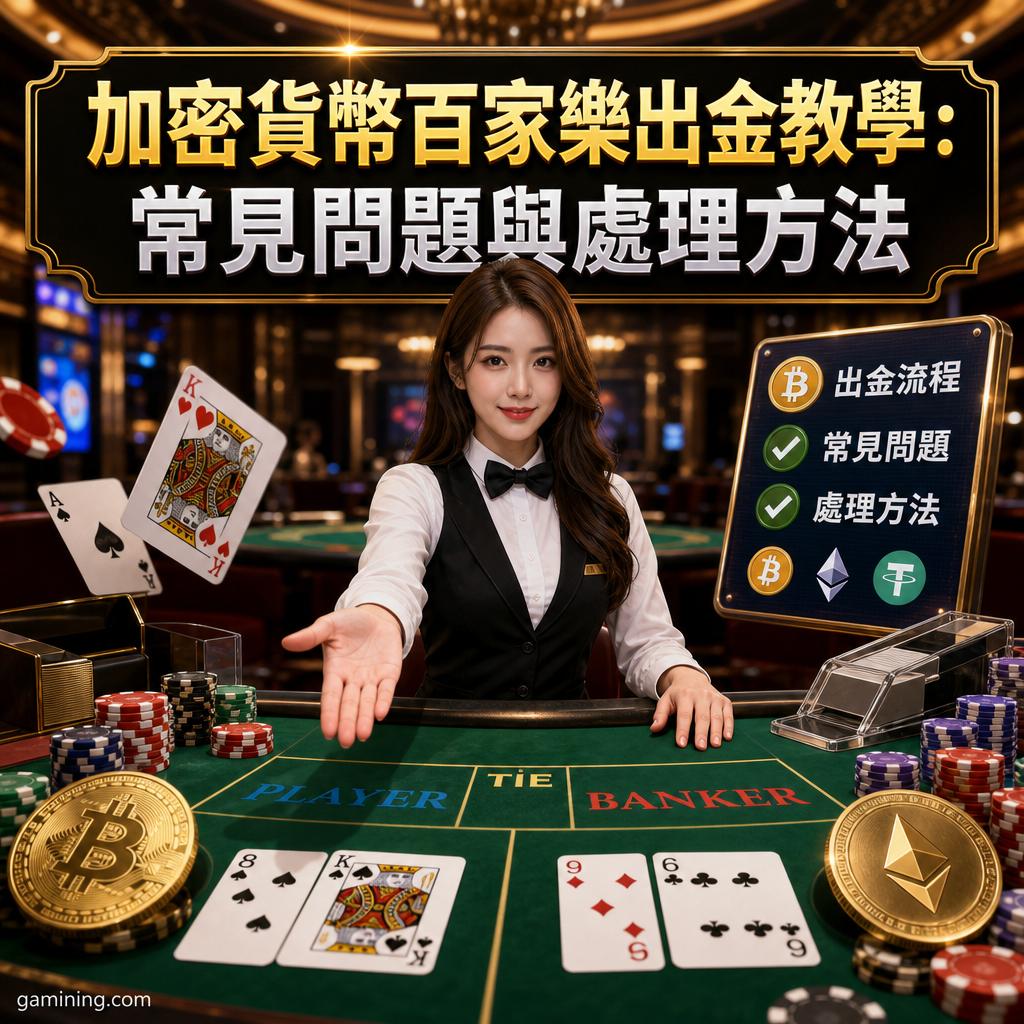Female casino dealer in a black vest and bow tie extends her hand over a green blackjack table with cards, chips, and a large Chinese sign about crypto payouts and FAQs.