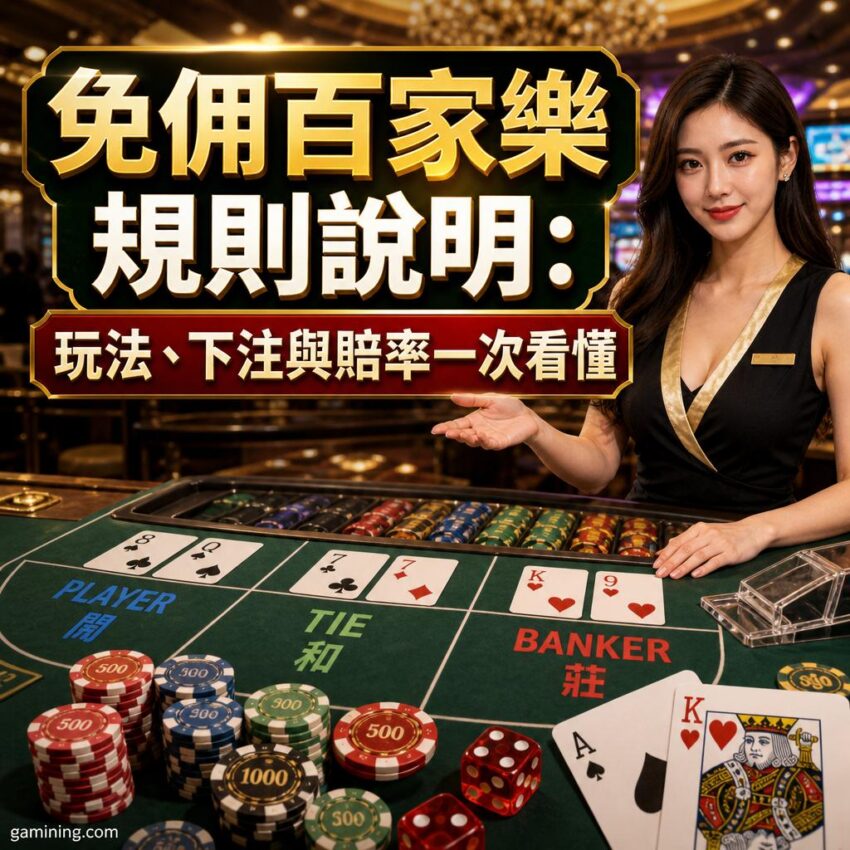 Female casino dealer beside a green blackjack/poker table with stacked chips and cards, plus a large Chinese banner about gambling rules and tips in the background.