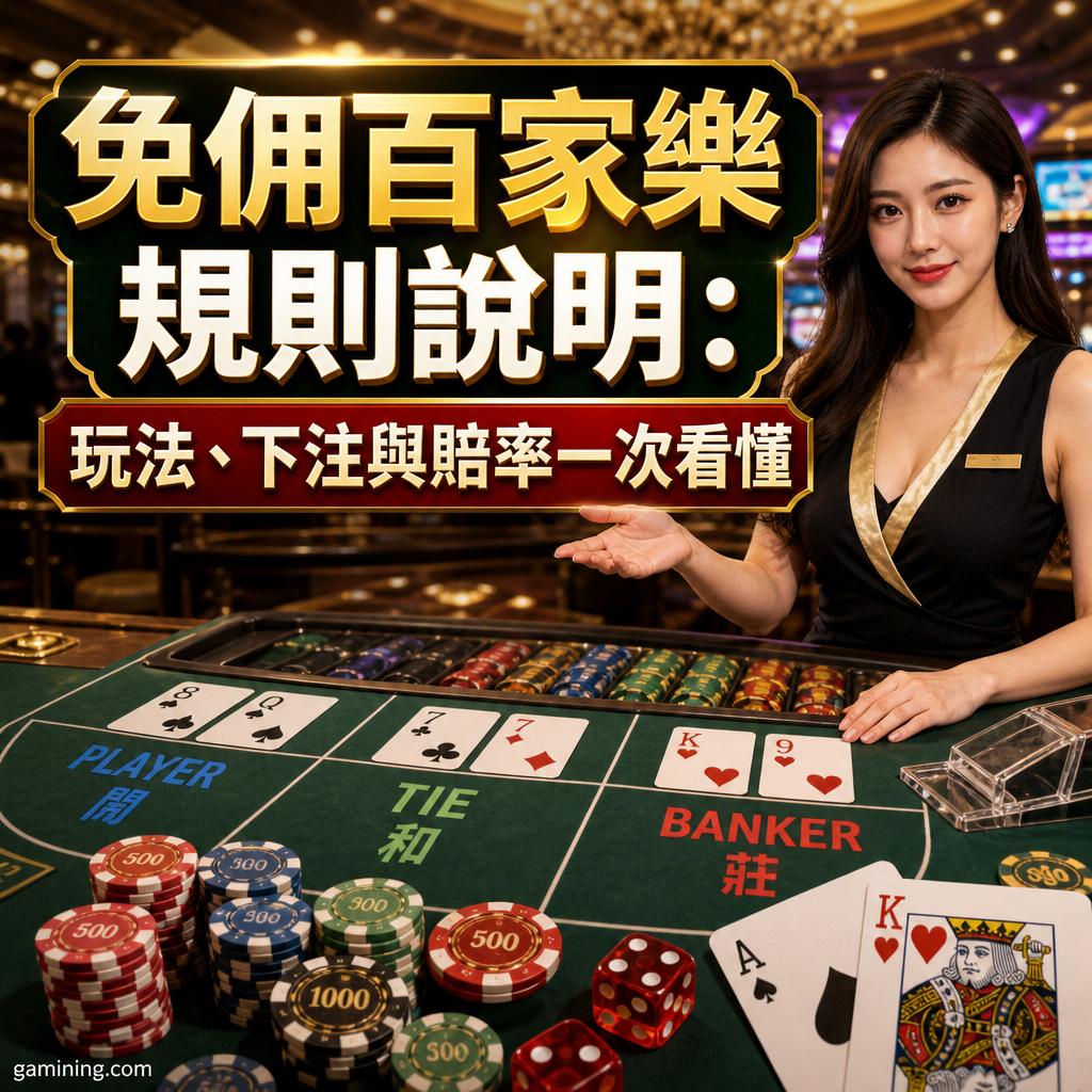 Female casino dealer beside a green blackjack/poker table with stacked chips and cards, plus a large Chinese banner about gambling rules and tips in the background.