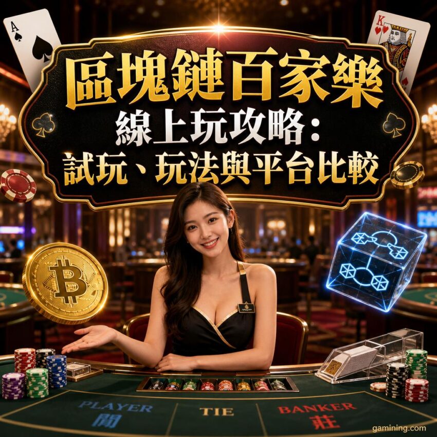 Smiling casino dealer at a baccarat table with chips; a large bitcoin coin and a glowing holographic cube nearby, under a Chinese promotional banner