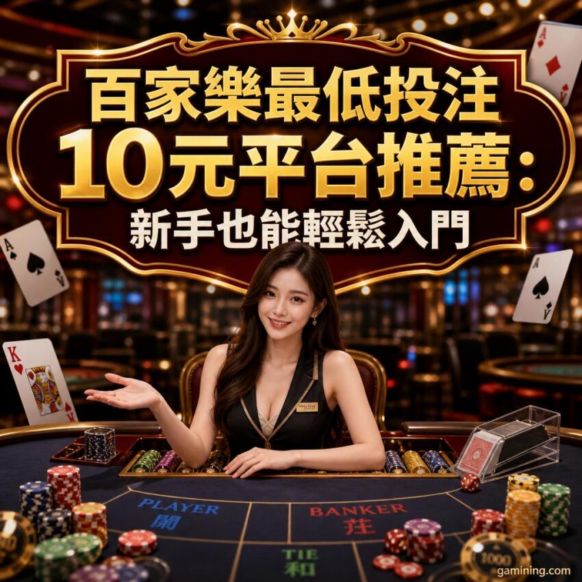 Promotional casino banner in Chinese advertising baccarat minimum bets of 10 yuan, with a smiling dealer at a casino table.
