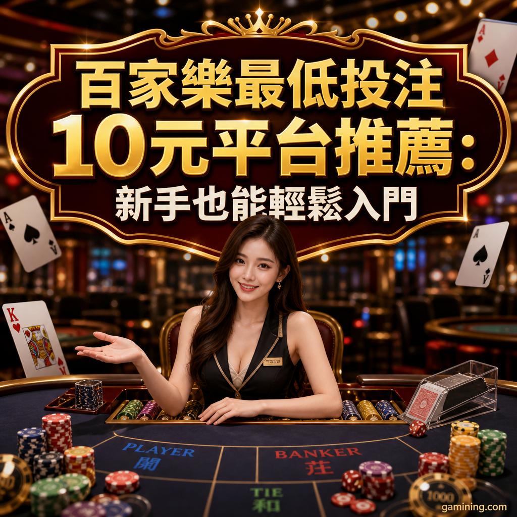 Promotional casino banner in Chinese advertising baccarat minimum bets of 10 yuan, with a smiling dealer at a casino table.